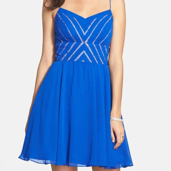 Aidan Mattox Dress Womens Size 10 Blue Mini Illusion Homecoming Winter Formal - Picture 1 of 16
